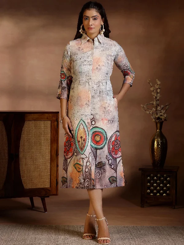 Trendy Dresses Off White Printed Linen A-Line Dress