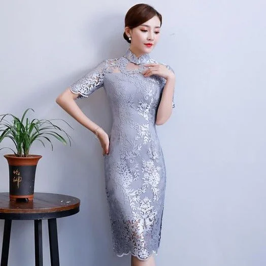 Cozy Shirts Retro Lace Appliques Knee Length Cheongsam Chinese Dress