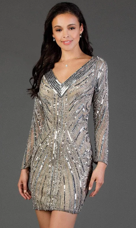 Chic Outfits SCALA - Sequined Long Sleeve V-neck Sheath Dress 60056 - 1 pc Lead/Sil In Size 12 Available Chic Outfits SCALA - Sequined Long Sleeve V-neck Sheath Dress 60056 - 1 pc Lead/Sil In Size 12 Available