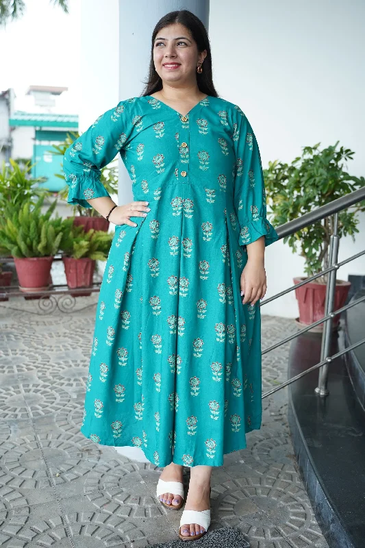 Cozy Shirts Teal Floral Foiled Rayon Dress