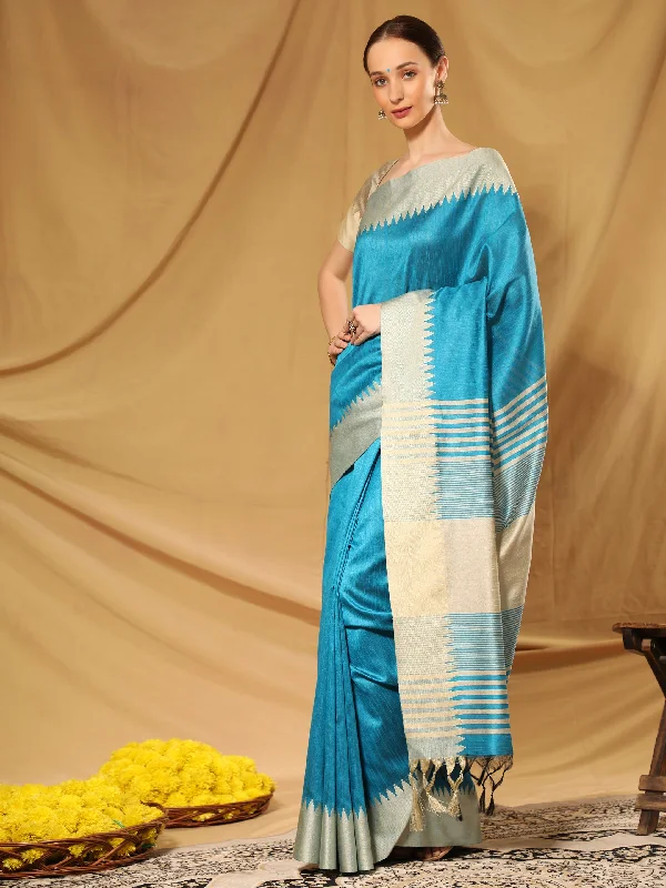 Simple Comfort Women's Firozi Temple Border Banglori Raw Silk Saree With Blouse (Saree Blouse Without stitch) - Aastha Fashion Simple Comfort Women's Firozi Temple Border Banglori Raw Silk Saree With Blouse (Saree Blouse Without stitch) - Aastha Fashion