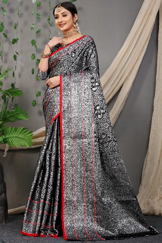 Soft Fabrics Women's Black Woven Kanchipuram Silk Saree With Blouse (Saree Blouse Without stitch) - Aastha Fashion Soft Fabrics Women's Black Woven Kanchipuram Silk Saree With Blouse (Saree Blouse Without stitch) - Aastha Fashion
