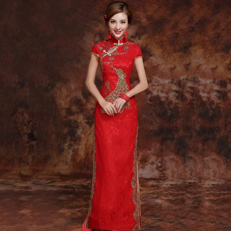 Warm Layers Phoenix Embroidery Brocade Cheongsam Chinese Wedding Dress