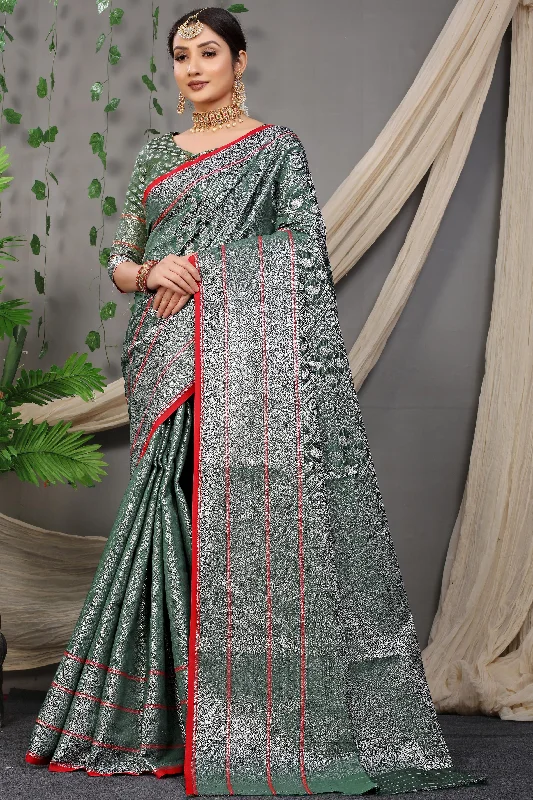 Easy Style Women's Dark Green Woven Kanchipuram Silk Saree With Blouse (Saree Blouse Without stitch) - Aastha Fashion Easy Style Women's Dark Green Woven Kanchipuram Silk Saree With Blouse (Saree Blouse Without stitch) - Aastha Fashion