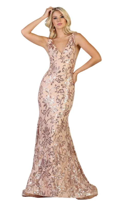 Sporty Comfort May Queen - RQ7746 Floral Sequined V-Neck Mermaid Gown