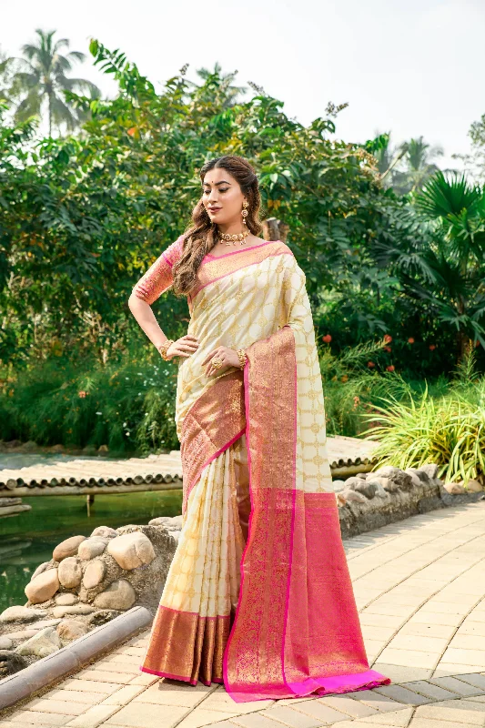 Weekend Wear Women's Off White Woven Kanchipuram Silk Saree With Blouse (Saree Blouse Without stitch) - Aastha Fashion Weekend Wear Women's Off White Woven Kanchipuram Silk Saree With Blouse (Saree Blouse Without stitch) - Aastha Fashion