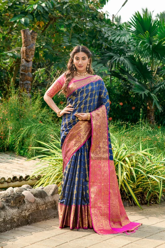 Relaxed Fit Women's Navy Blue Woven Kanchipuram Silk Saree With Blouse (Saree Blouse Without stitch) - Aastha Fashion Relaxed Fit Women's Navy Blue Woven Kanchipuram Silk Saree With Blouse (Saree Blouse Without stitch) - Aastha Fashion