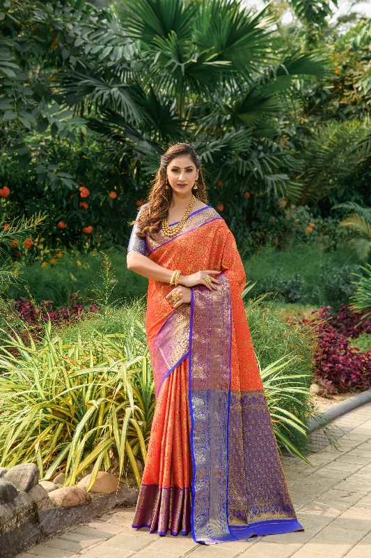 Cozy Pants Women's Orange Woven Kanchipuram Silk Saree With Blouse (Saree Blouse Without stitch) - Aastha Fashion Cozy Pants Women's Orange Woven Kanchipuram Silk Saree With Blouse (Saree Blouse Without stitch) - Aastha Fashion