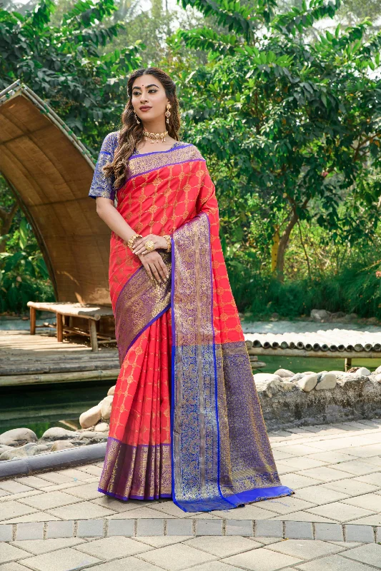 Summer Comfort Women's Red Woven Kanchipuram Silk Saree With Blouse (Saree Blouse Without stitch) - Aastha Fashion Summer Comfort Women's Red Woven Kanchipuram Silk Saree With Blouse (Saree Blouse Without stitch) - Aastha Fashion