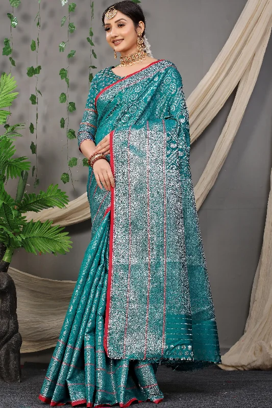 Versatile Comfort Women's Teal Woven Kanchipuram Silk Saree With Blouse (Saree Blouse Without stitch) - Aastha Fashion Versatile Comfort Women's Teal Woven Kanchipuram Silk Saree With Blouse (Saree Blouse Without stitch) - Aastha Fashion