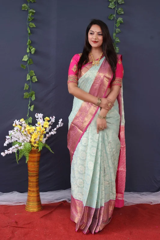 Cozy Fitting Women's Sea Green Woven Tissue Silk Saree With Blouse (Saree Blouse Without stitch) - Aastha Fashion Cozy Fitting Women's Sea Green Woven Tissue Silk Saree With Blouse (Saree Blouse Without stitch) - Aastha Fashion