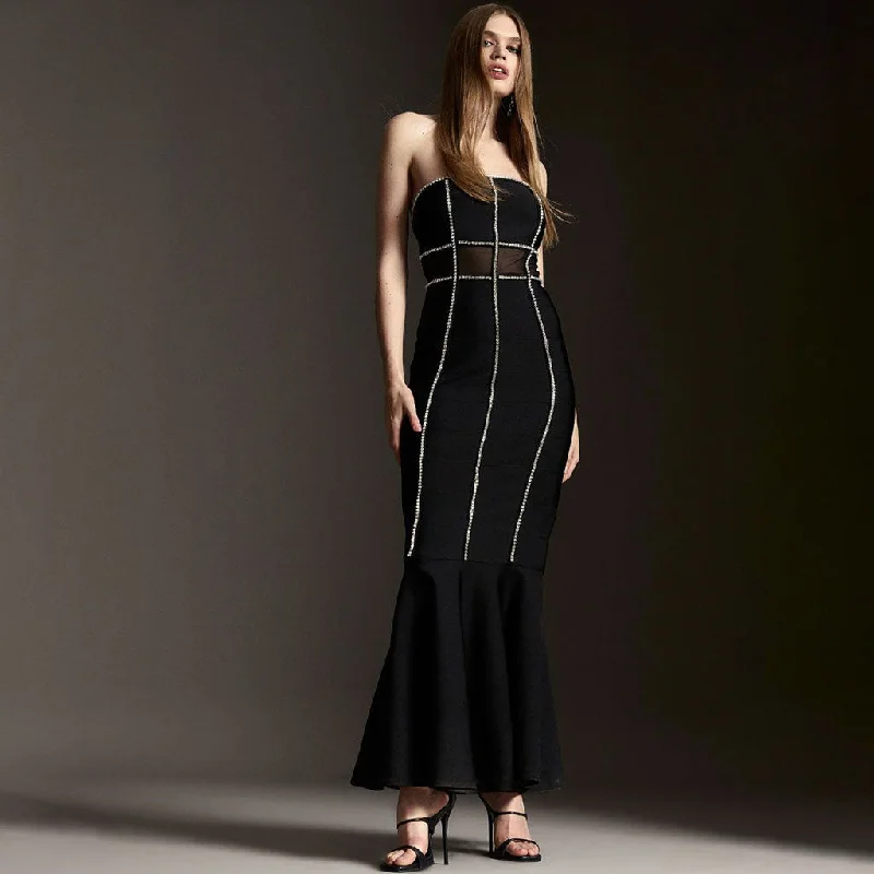 Fashion Comfort Elegant Rhinestone Trim Sheer Mesh Strapless Bandage Maxi Mermaid Evening Dress Fashion Comfort Elegant Rhinestone Trim Sheer Mesh Strapless Bandage Maxi Mermaid Evening Dress