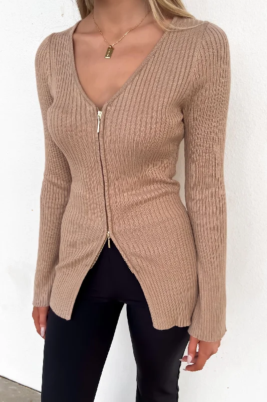 Simple Chic Kaia Zip-Front Knit Top Mocha