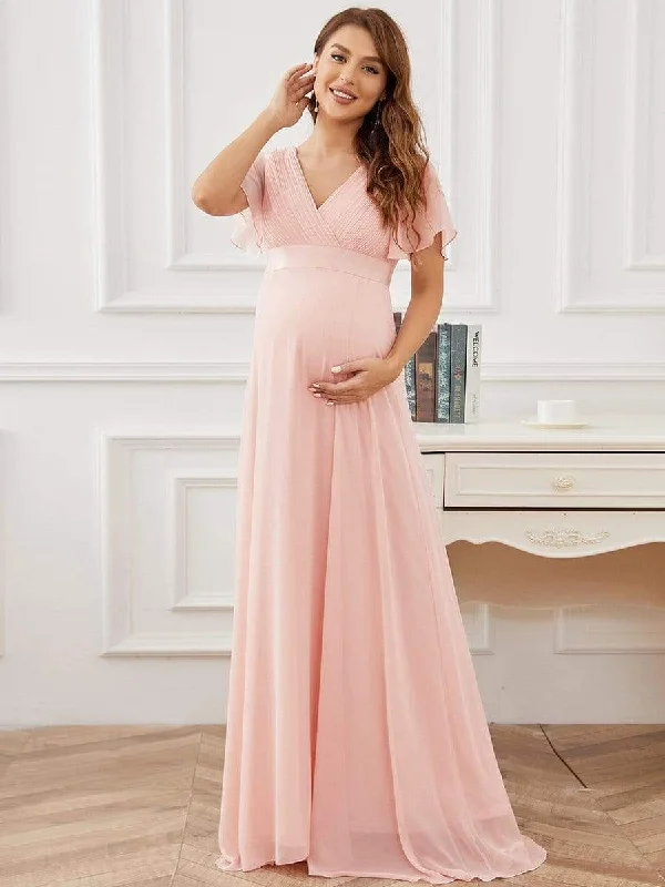 Soft Looks Ruched Bodice Flowy Chiffon Floor-Length Maternity Dress with Sleeves