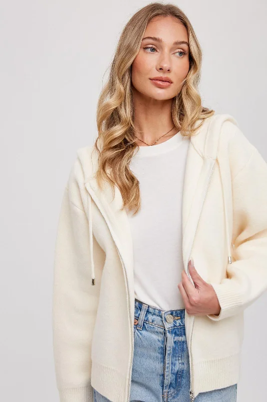 Soft Feel Cream Zip Up Hooded Cardigan
