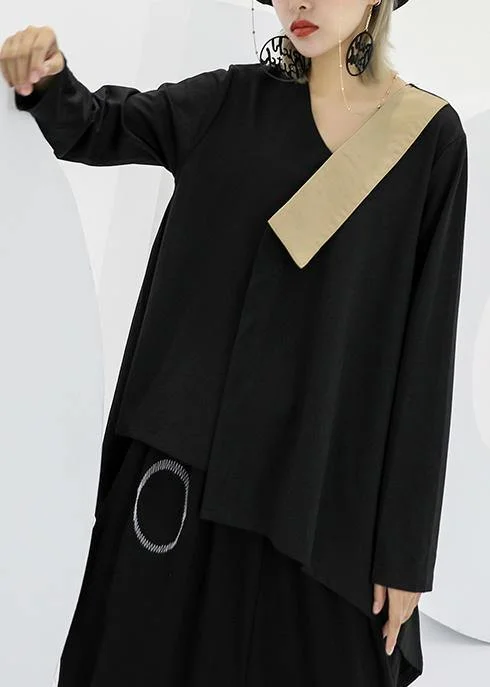 Basic Comfort Modern black asymmetric cotton linen tops women v neck silhouette fall blouses Basic Comfort Modern black asymmetric cotton linen tops women v neck silhouette fall blouses