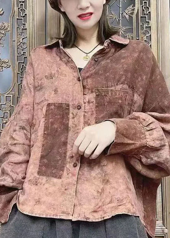 Trendy Casuals Loose Chocolate Peter Pan Collar button Shirt Tops Batwing Sleeve