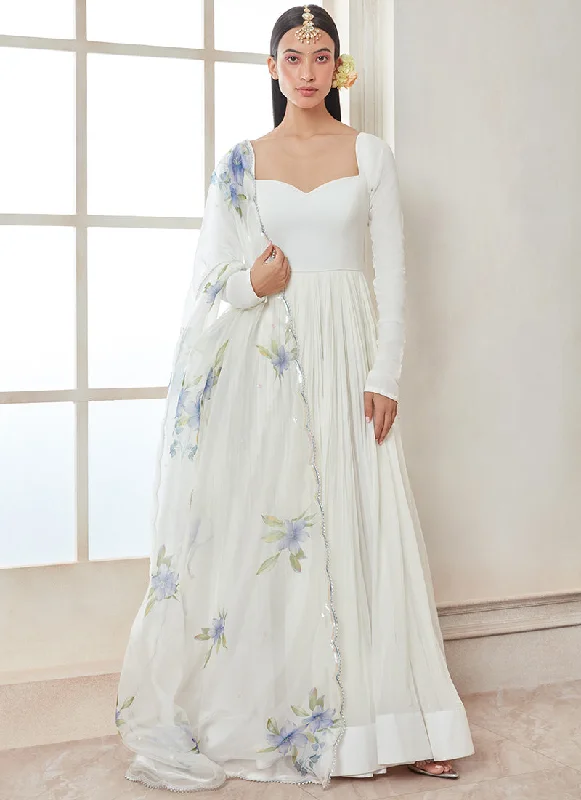 Cozy Lounge Wear White Georgette Anarkali With Floral Printed Dupatta