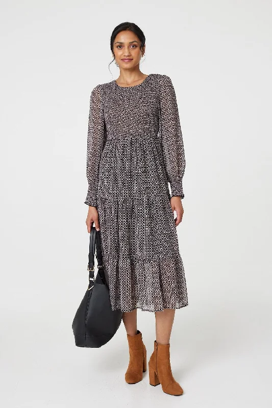 Classic Comfort Printed Smocked Bodice Tiered Midi Dress