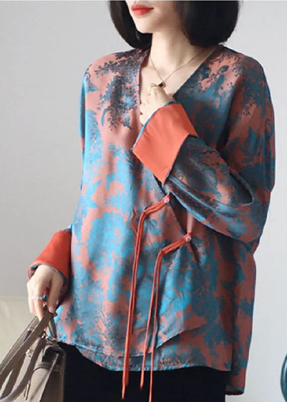 Lounge Chic Loose Orange buttonV Neck print Silk Shirt Top Long Sleeve