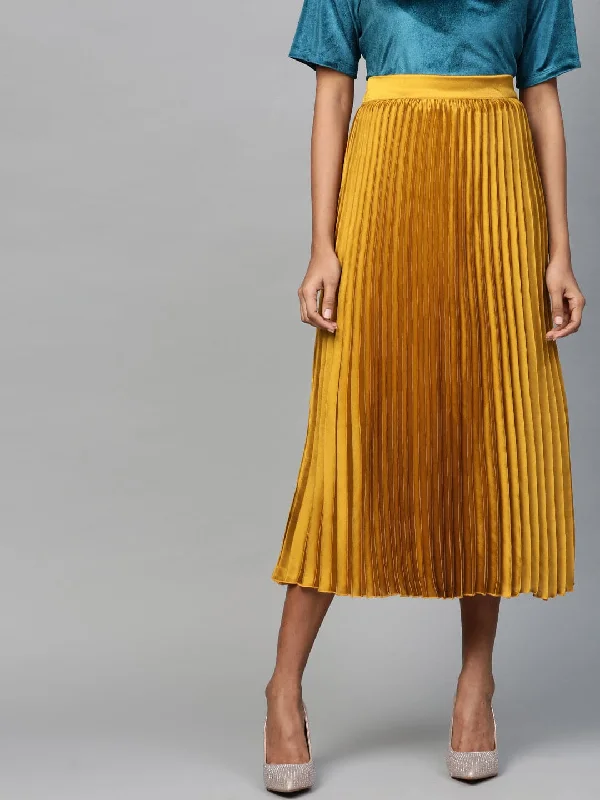 Comfortable Tops Mustard Satin Pleated Midi Skirt