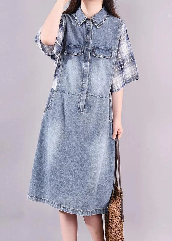 Trendy Casuals Women cotton quilting clothes Fine Plaid Spliced Denim Fake Two Piece Dress