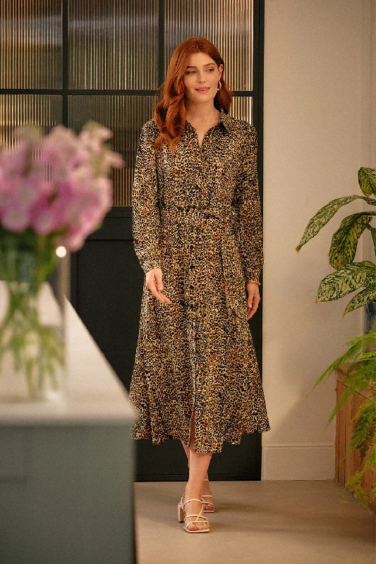 Cozy Layers Animal Print Tie Waist Midi Shirt Dress