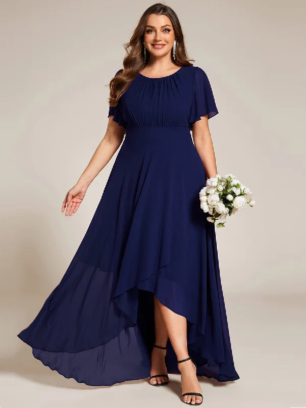 Relaxed Dresses Claire | Plus Size Asymmetric Hem Short Sleeve Round Neckline Chiffon Bridesmaid Dress