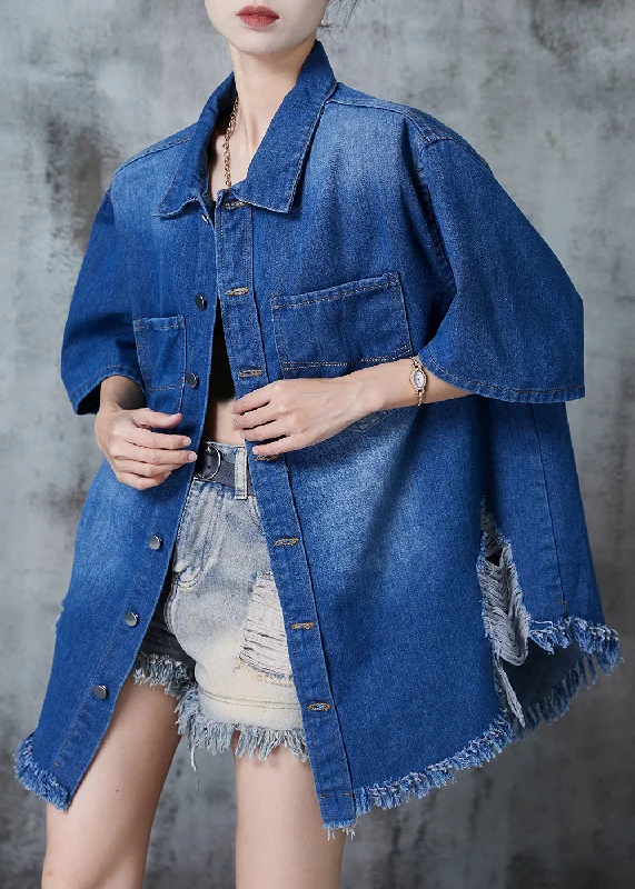 Soft Touch Stylish Blue Tasseled Oversized Denim Ripped Blouse Tops Summer