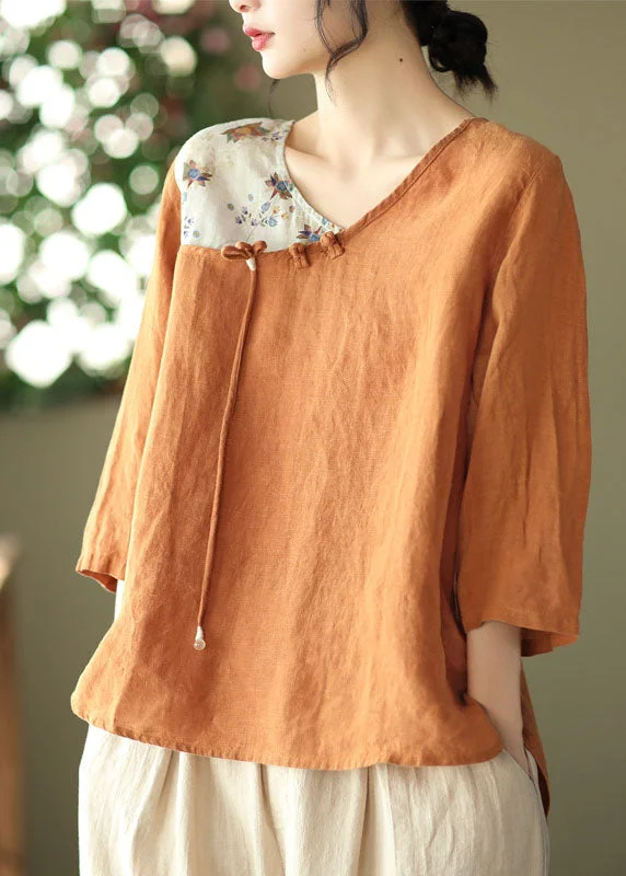 Relaxed Fashion Loose Orange Oriental O-Neck Patchwork Linen Tops Bracelet Sleeve