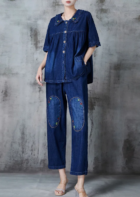 Cozy Dress Women Navy Embroidered Patchwork Denim Two Pieces Set Summer