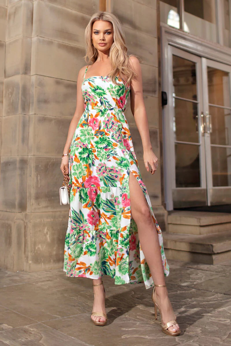 Stylish Ease AX Paris Green Floral Print Strappy Smock Midi Dress