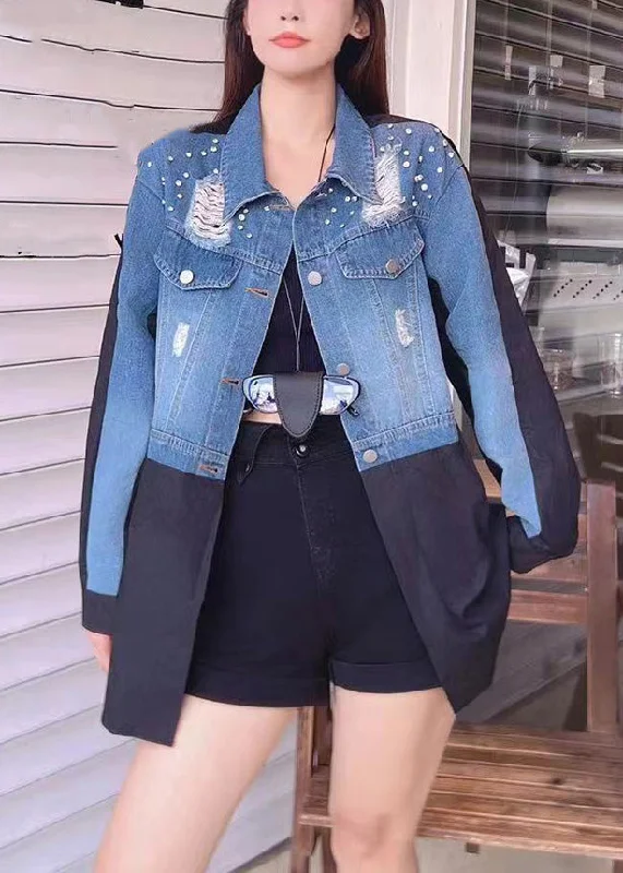 Smart Casuals French Blue Hole Button Patchwork Denim Coats Spring