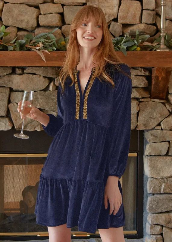 Sporty Comfort Navy Embroidered Velvet Tiered Dress