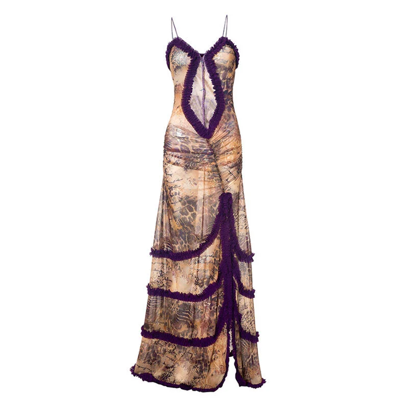 Effortless Outfits Sexy Leopard Print Bustier Cutout Ruffle Layered High Split Maxi Sheer Dress Effortless Outfits Sexy Leopard Print Bustier Cutout Ruffle Layered High Split Maxi Sheer Dress