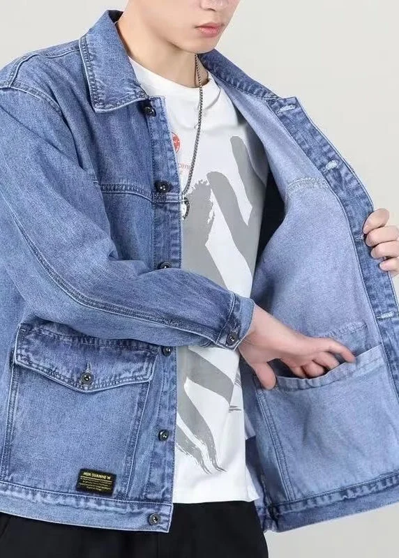 Relaxed Tops Loose Blue Peter Pan Collar Pockets Denim Mens Coats Spring