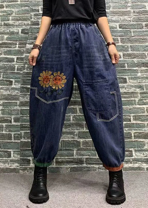 Cozy Pants Beautiful Blue Embroideried Patchwork Elastic Waist Denim Crop Pants Spring