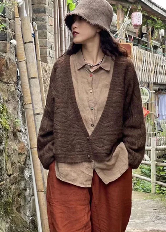 Relaxed Tops Women Chocolate retro V Neck Button Fall Wool Knit Coat