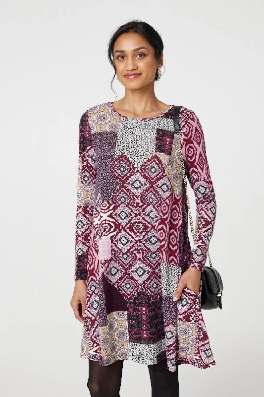 Relaxed Fashion Patchwork Long Sleeve Short Swing Dress