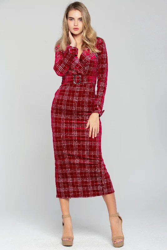 Comfort Fit Red and White Tartan Print Belted Midi Dress