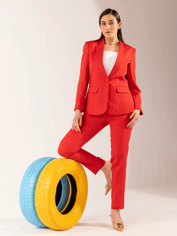Stylish Jackets Women's Formal Stretch Pant Suit - Red