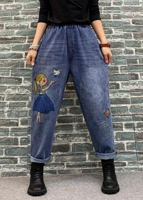 All-Day Wear Organic Blue Cartoon Embroideried Pockets Patchwork Denim Crop Pants Spring All-Day Wear Organic Blue Cartoon Embroideried Pockets Patchwork Denim Crop Pants Spring