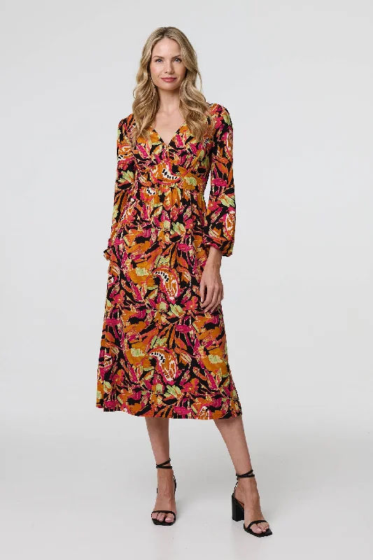 Relaxed Tops Tropical Floral Print Long Sleeve Midi Dress