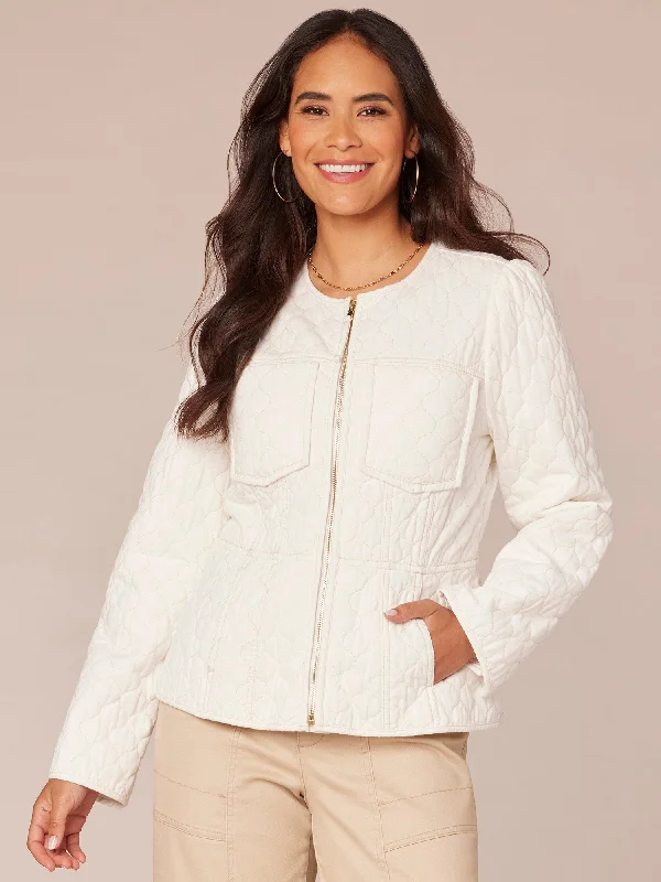 Cozy Outerwear Long Sleeve Zip Front Quilted Peplum Jacket with Piped Edges