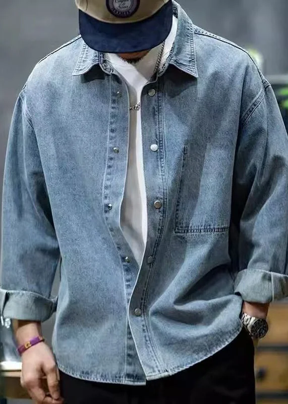 Soft Touch New Blue Peter Pan Collar Button Denim Men Shirt Spring
