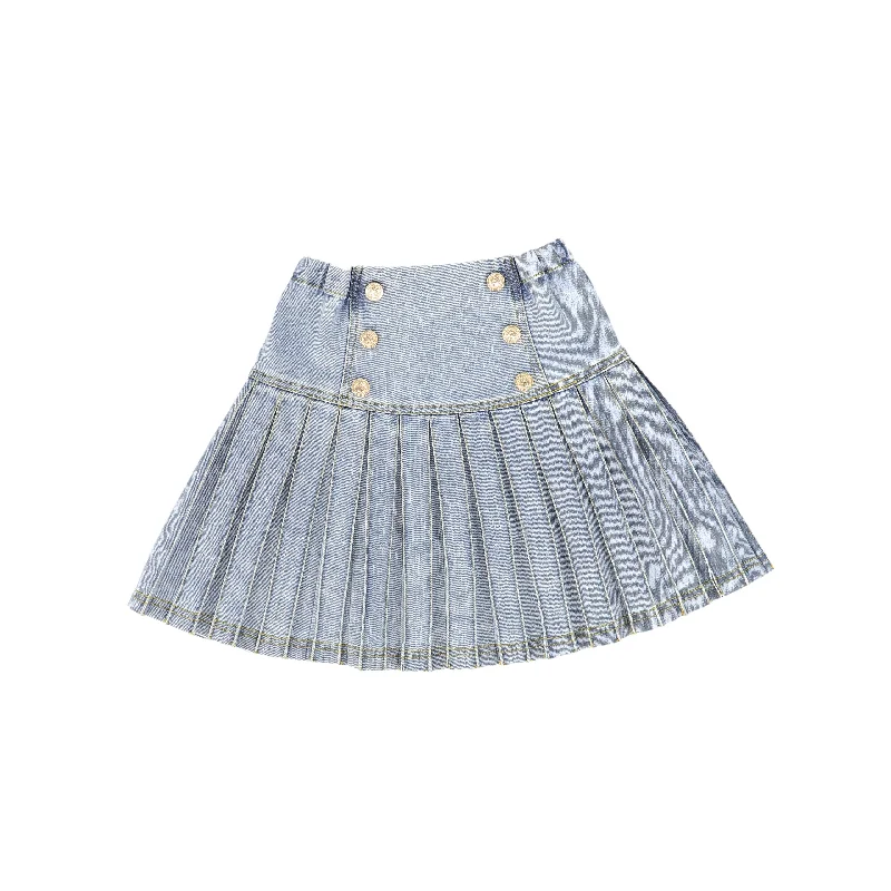 Breathable Comfort C-19188-Low Cut Denim Pleated Skirt -LT Blue Denim