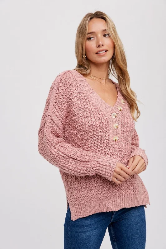Versatile Comfort Mauve Chunky Knit Button V-Neck Sweater