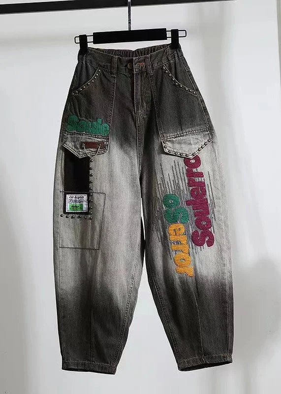Basic Comfort Casual Black Letter Embroidered Pockets Denim Pants Spring
