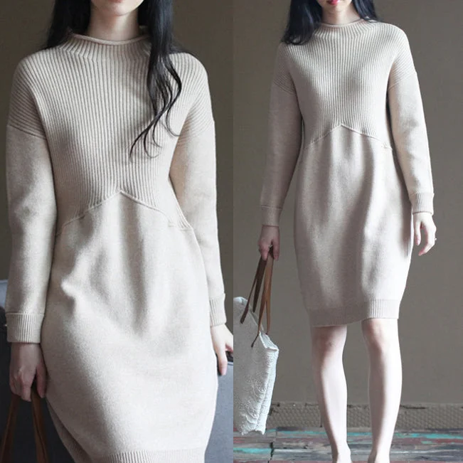 Soft Feel nude winter casual the rabbit wool blended knit dresses loose vintage patchwork sweater dress Soft Feel nude winter casual the rabbit wool blended knit dresses loose vintage patchwork sweater dress