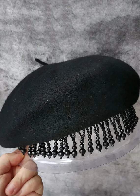 Effortless Dressing Fashion Black Nail Bead Tasseled Woolen Beret Hat